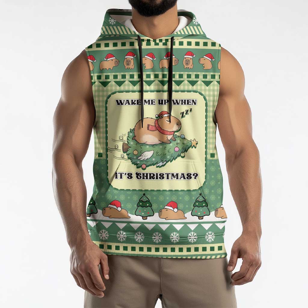Capybara Christmas Sleeveless Hoodie Wake Me Up When It's Christmas - Wonder Print Shop