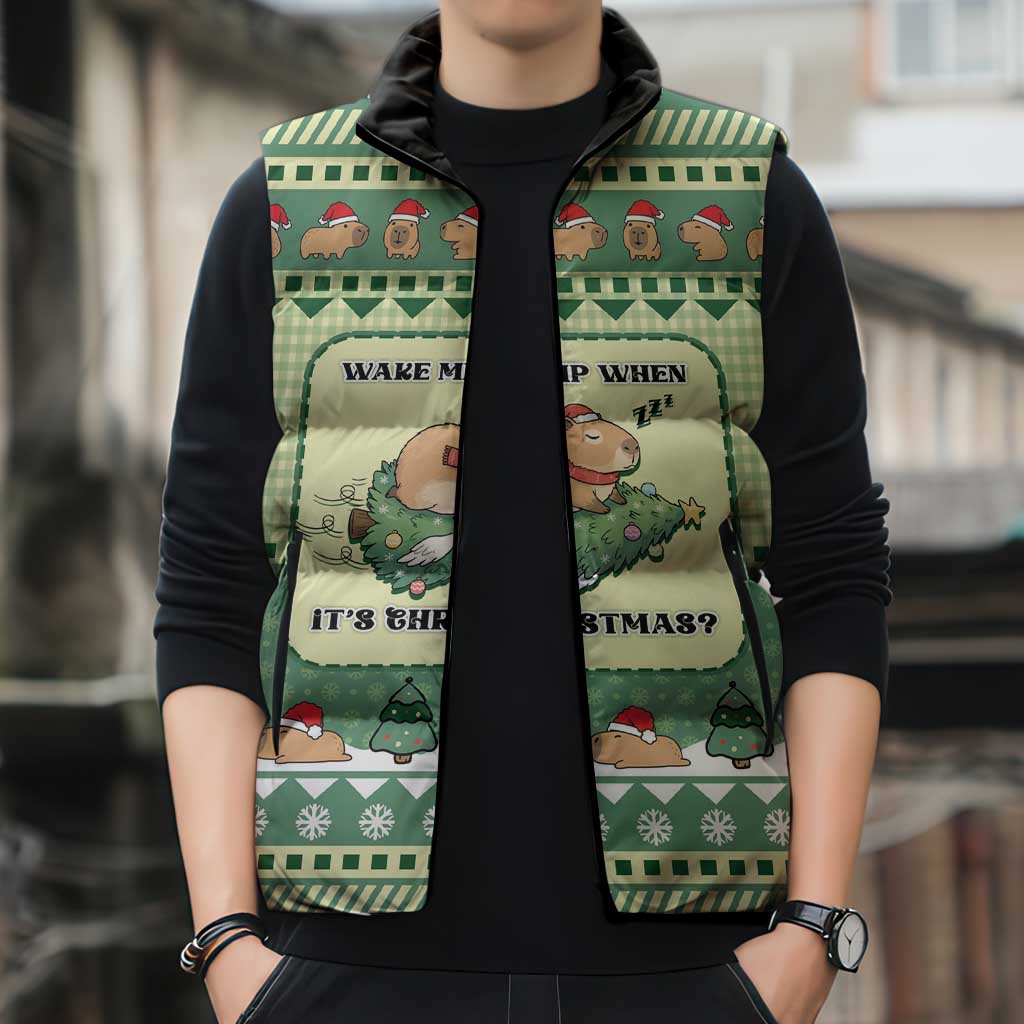 Capybara Christmas Sleeveless Puffer Jacket Wake Me Up When It's Christmas - Wonder Print Shop