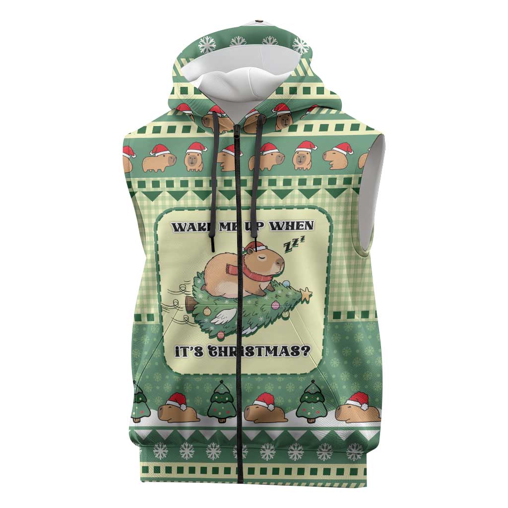 Capybara Christmas Sleeveless Zip Hoodie Wake Me Up When It's Christmas - Wonder Print Shop