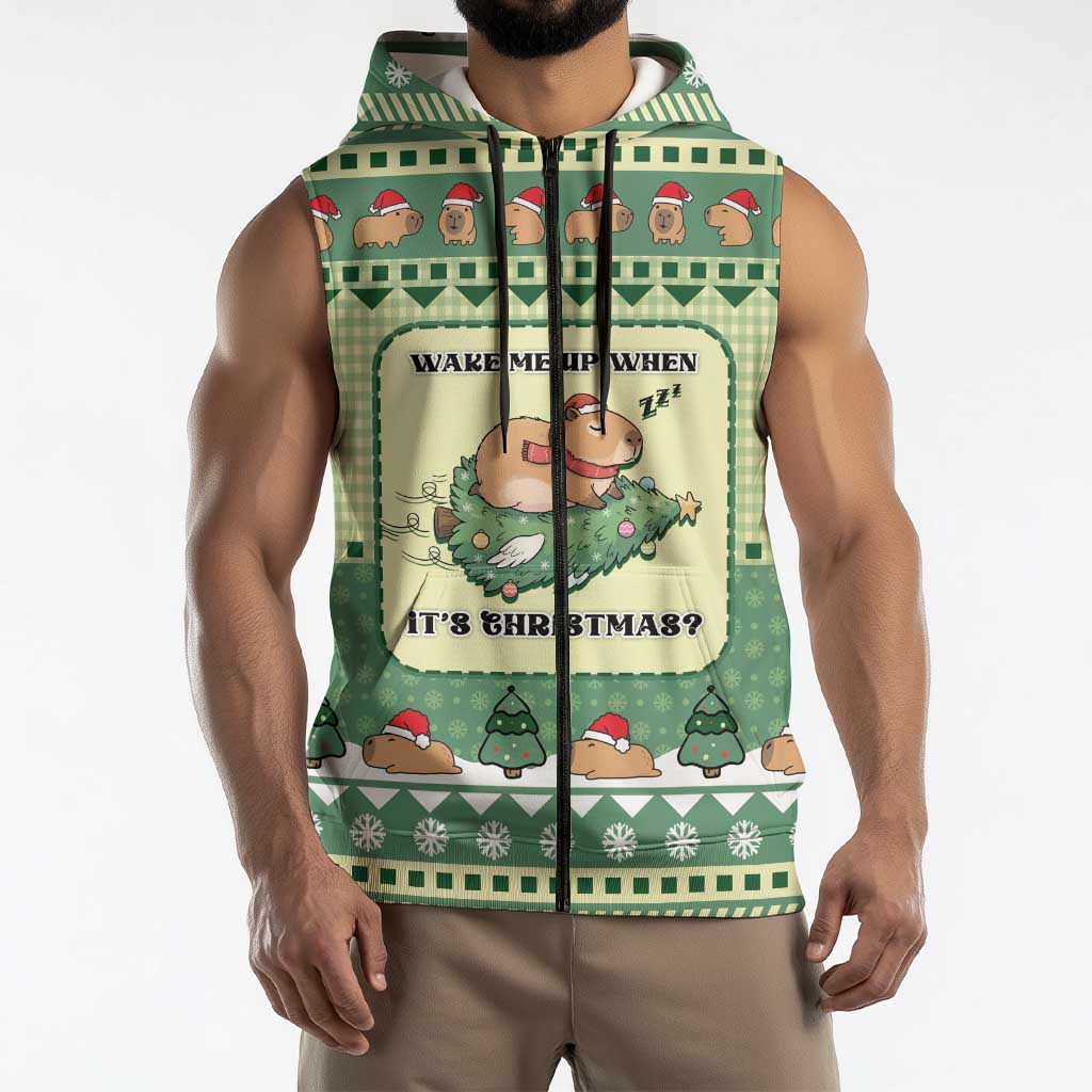 Capybara Christmas Sleeveless Zip Hoodie Wake Me Up When It's Christmas - Wonder Print Shop