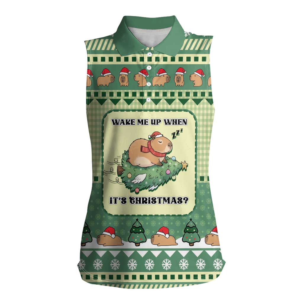 Capybara Christmas Women Sleeveless Polo Shirt Wake Me Up When It's Christmas - Wonder Print Shop