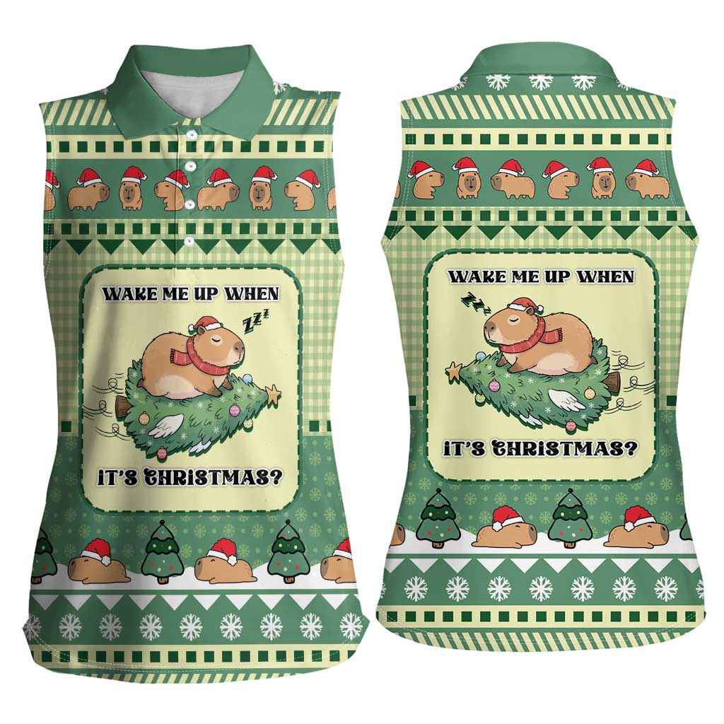 Capybara Christmas Women Sleeveless Polo Shirt Wake Me Up When It's Christmas - Wonder Print Shop
