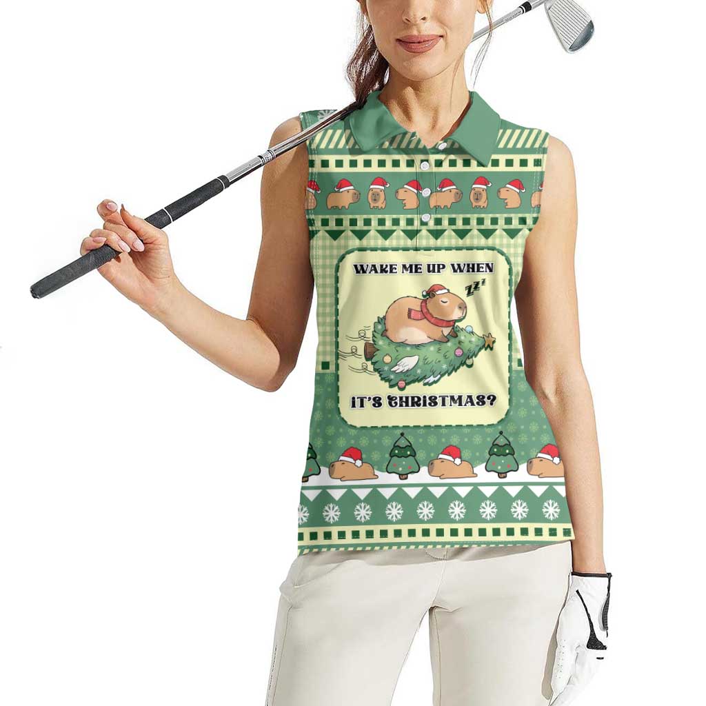 Capybara Christmas Women Sleeveless Polo Shirt Wake Me Up When It's Christmas - Wonder Print Shop