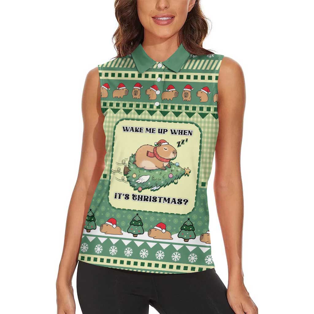 Capybara Christmas Women Sleeveless Polo Shirt Wake Me Up When It's Christmas - Wonder Print Shop