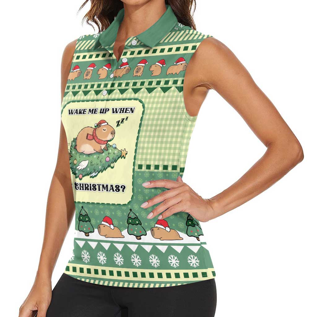Capybara Christmas Women Sleeveless Polo Shirt Wake Me Up When It's Christmas - Wonder Print Shop