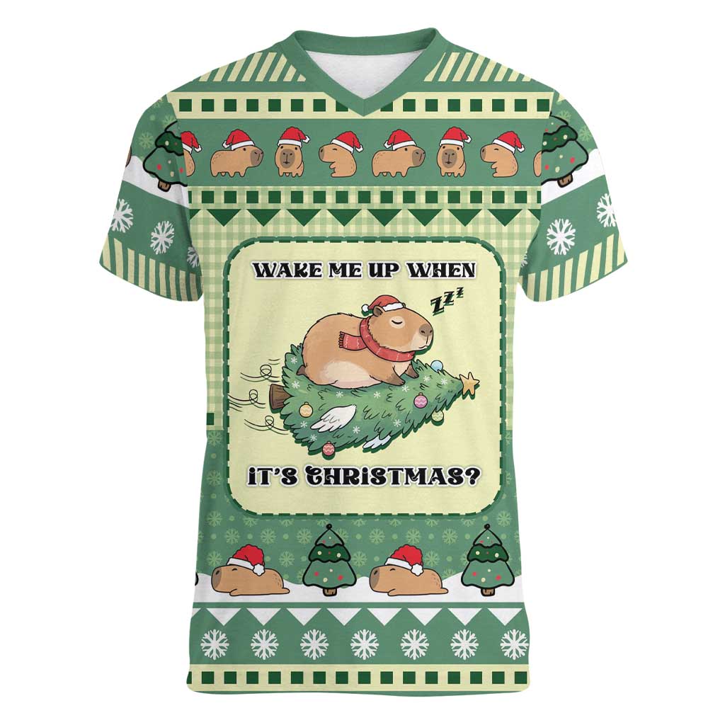 Capybara Christmas Women V-Neck T-Shirt Wake Me Up When It's Christmas - Wonder Print Shop