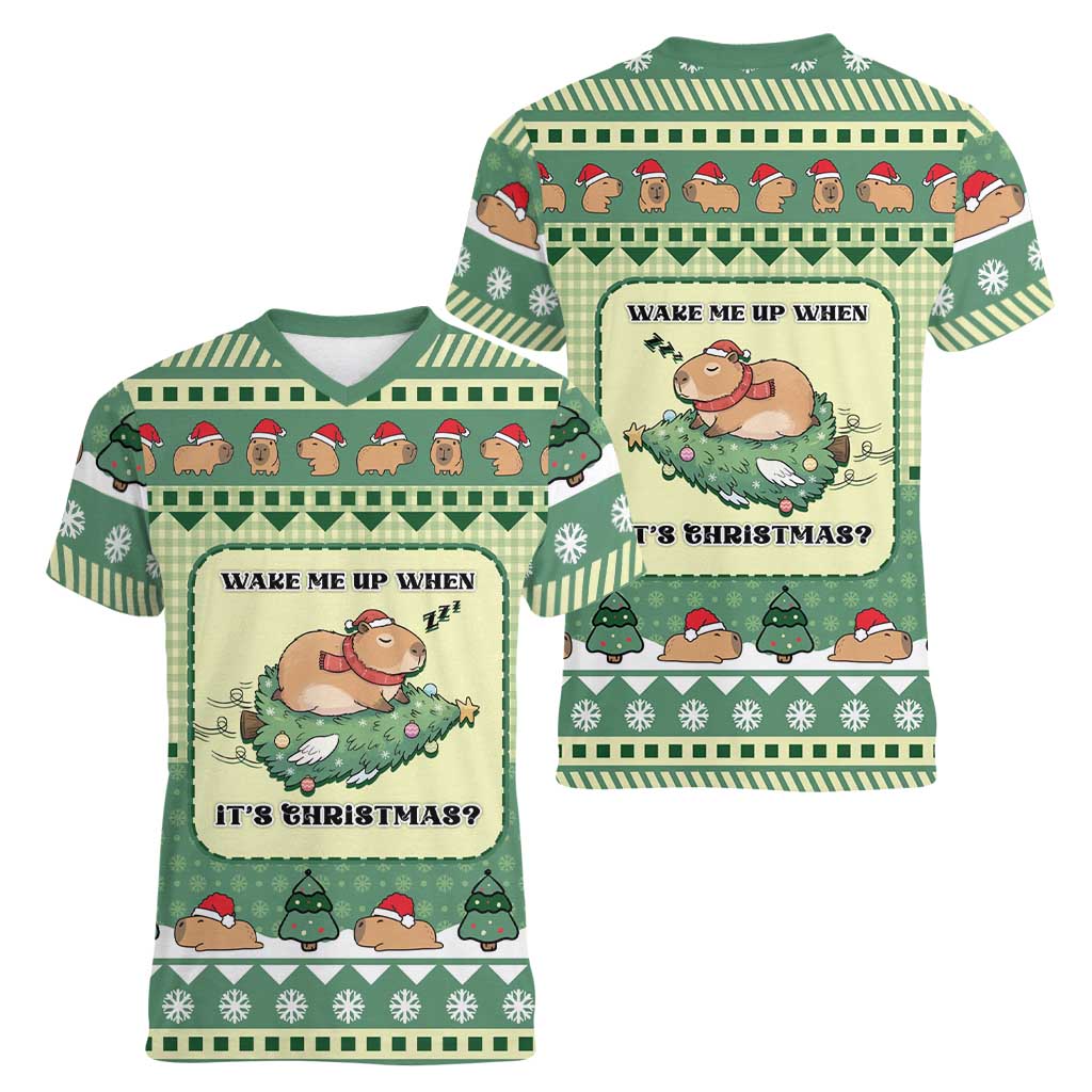 Capybara Christmas Women V-Neck T-Shirt Wake Me Up When It's Christmas - Wonder Print Shop