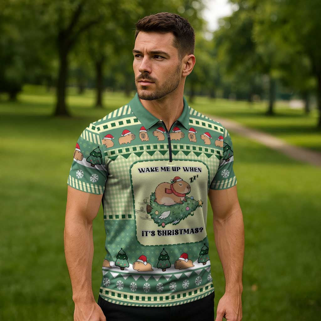 Capybara Christmas Zipper Polo Shirt Wake Me Up When It's Christmas - Wonder Print Shop