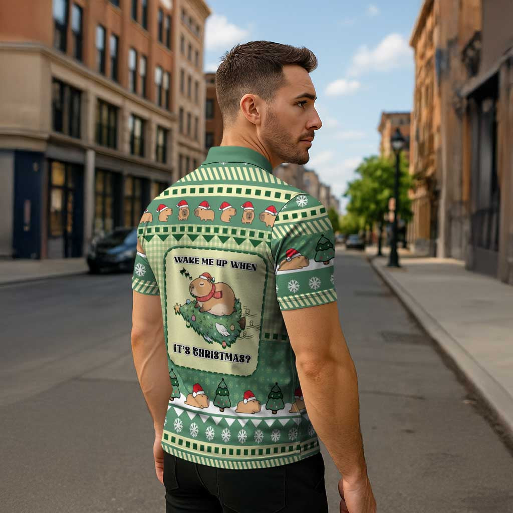 Capybara Christmas Zipper Polo Shirt Wake Me Up When It's Christmas - Wonder Print Shop