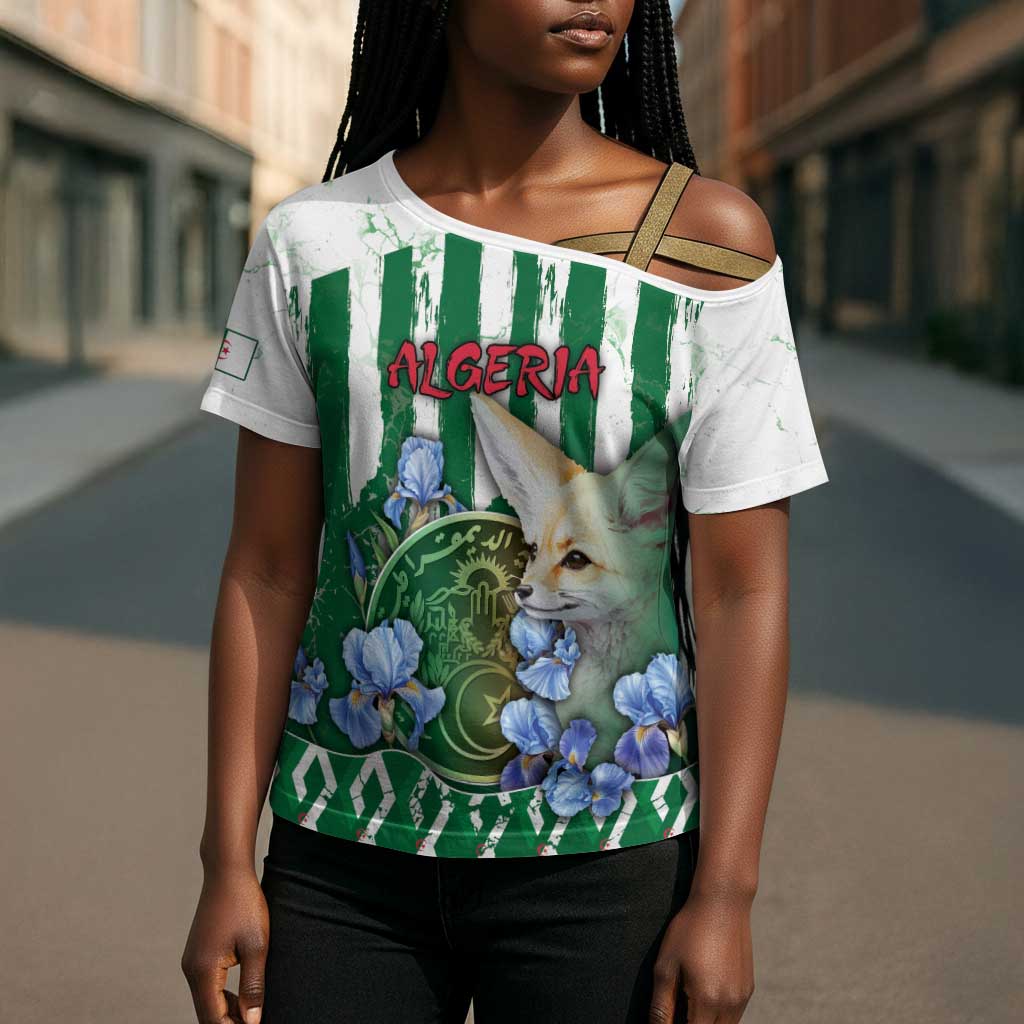 Personalized Algeria Cross Shoulder Shirt Fennec And Iris Grunge Style - Wonder Print Shop