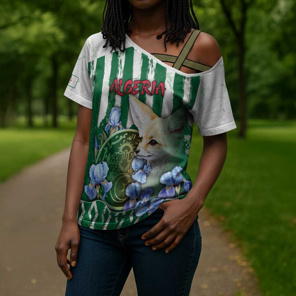 Personalized Algeria Cross Shoulder Shirt Fennec And Iris Grunge Style - Wonder Print Shop
