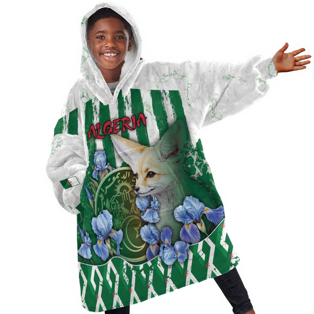 Personalized Algeria Kid Wearable Blanket Hoodie Fennec And Iris Grunge Style - Wonder Print Shop
