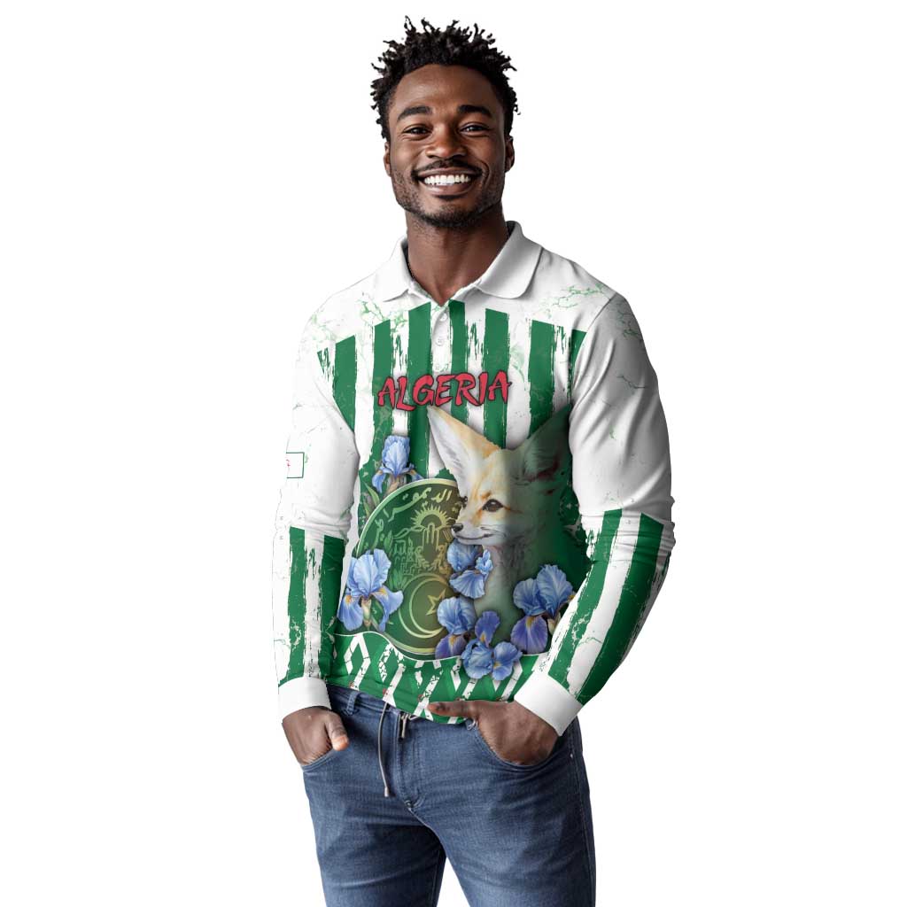 Personalized Algeria Long Sleeve Polo Shirt Fennec And Iris Grunge Style - Wonder Print Shop
