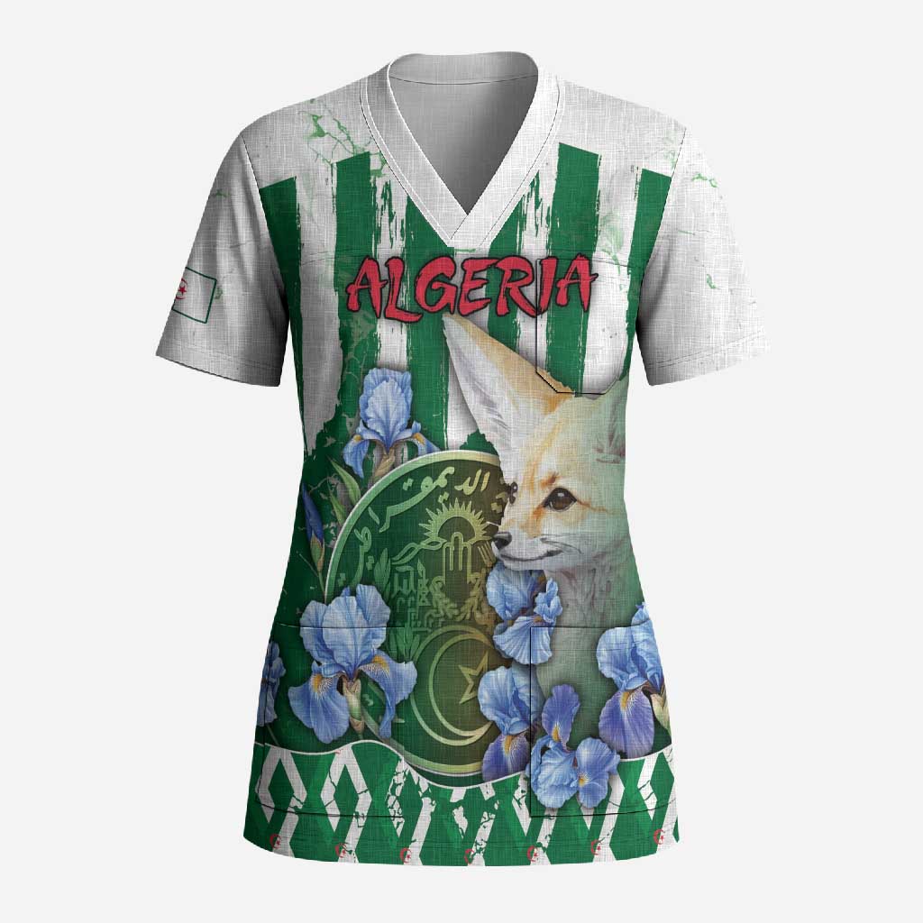 Personalized Algeria Scrub Top Fennec And Iris Grunge Style - Wonder Print Shop