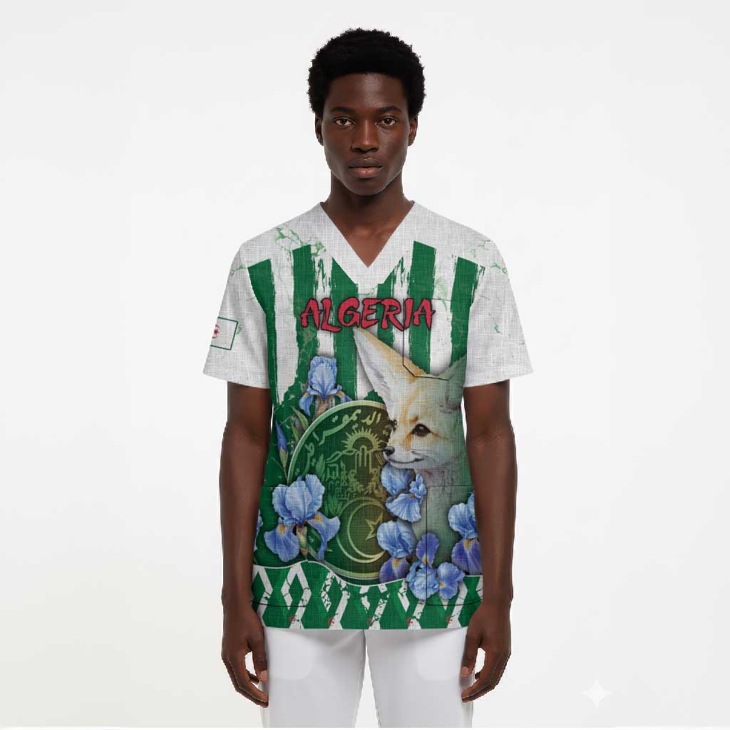 Personalized Algeria Scrub Top Fennec And Iris Grunge Style - Wonder Print Shop