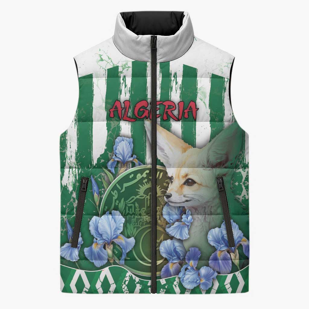 Personalized Algeria Sleeveless Puffer Jacket Fennec And Iris Grunge Style - Wonder Print Shop