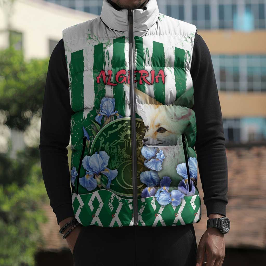 Personalized Algeria Sleeveless Puffer Jacket Fennec And Iris Grunge Style - Wonder Print Shop