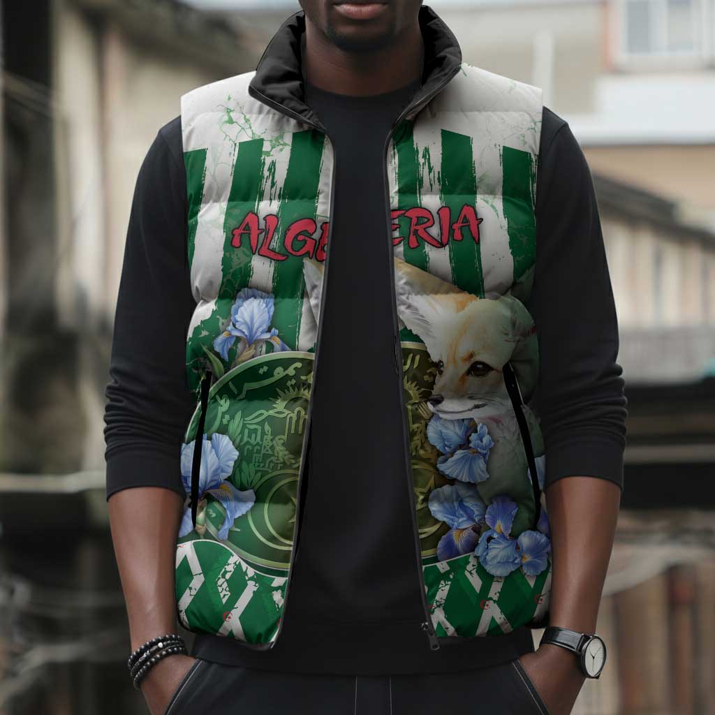 Personalized Algeria Sleeveless Puffer Jacket Fennec And Iris Grunge Style - Wonder Print Shop