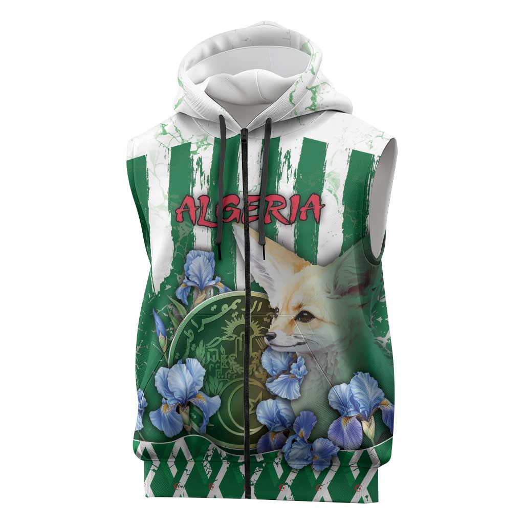 Personalized Algeria Sleeveless Zip Hoodie Fennec And Iris Grunge Style - Wonder Print Shop