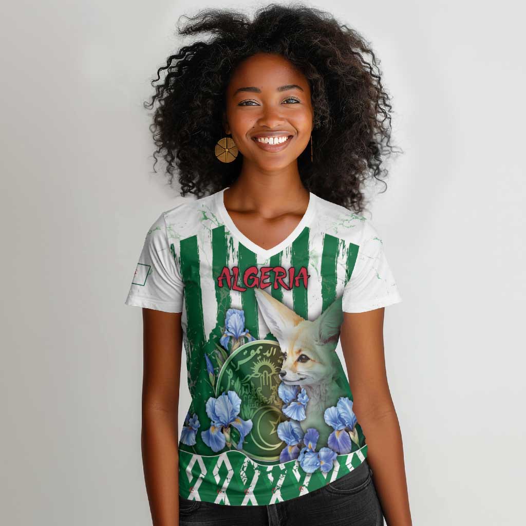 Personalized Algeria Women V-Neck T-Shirt Fennec And Iris Grunge Style - Wonder Print Shop