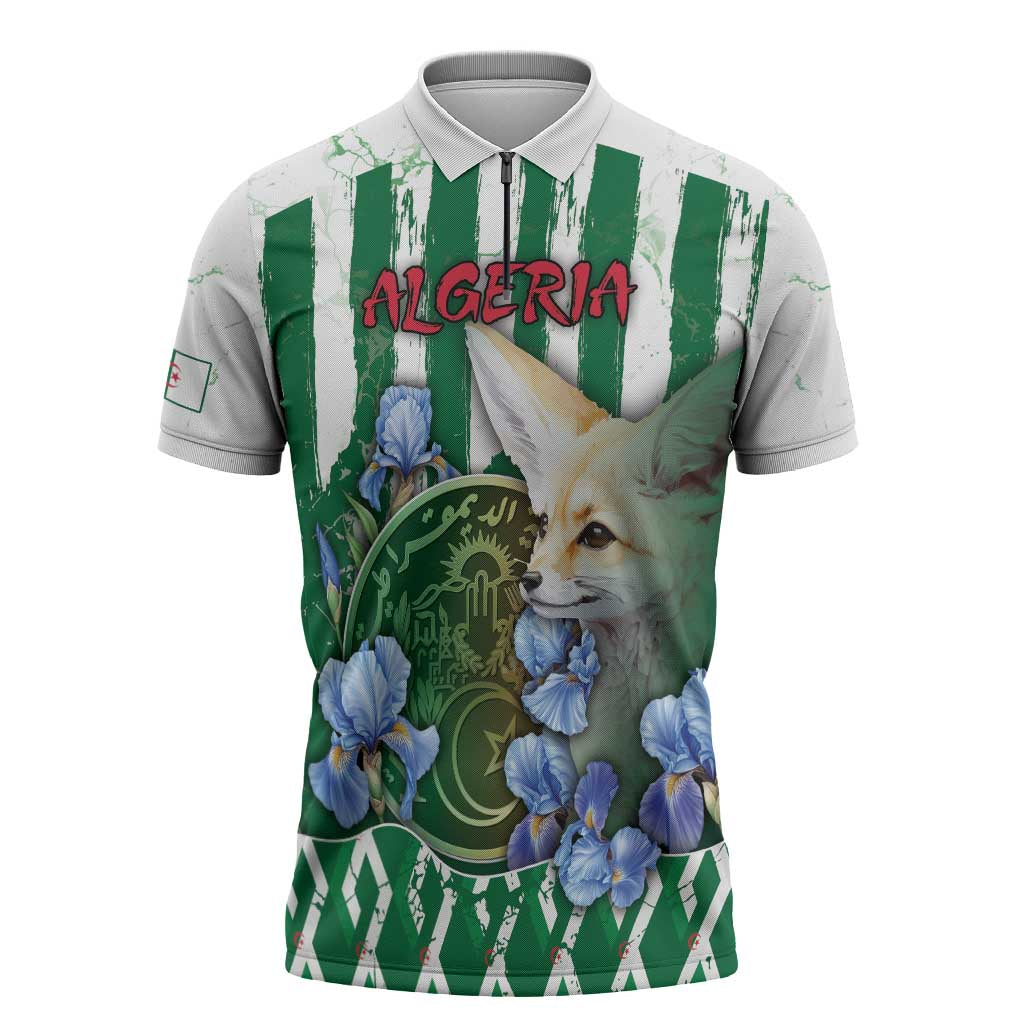 Personalized Algeria Zipper Polo Shirt Fennec And Iris Grunge Style - Wonder Print Shop