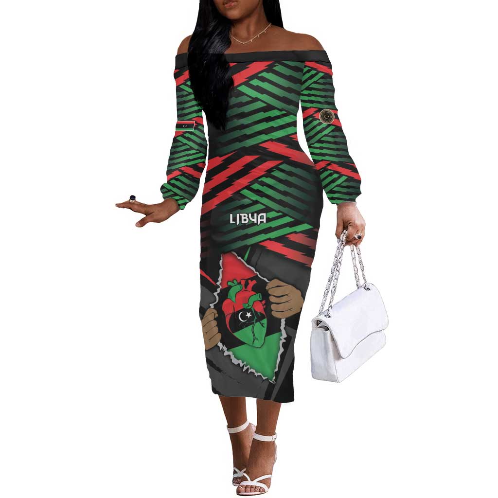 Personalized Libya In My Veins Off The Shoulder Long Sleeve Dress - Wonder Print Shop