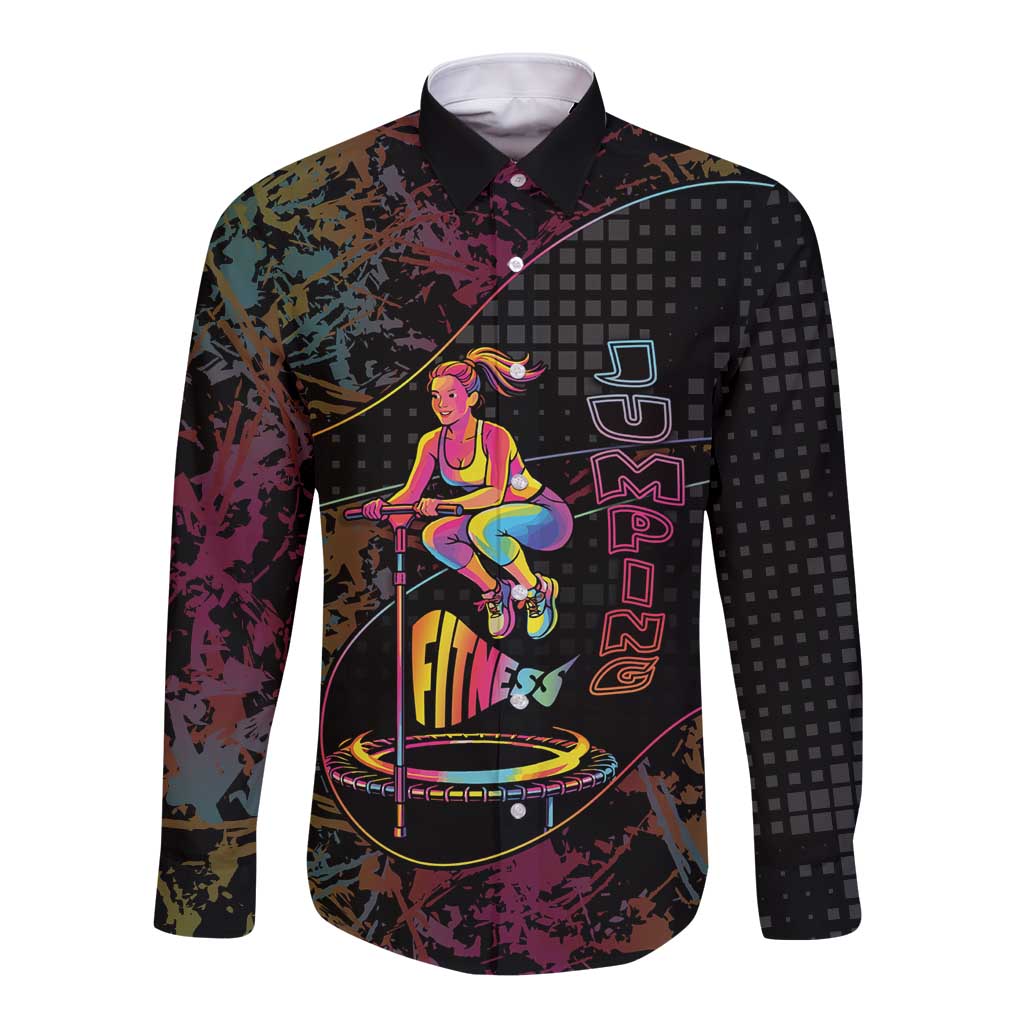 Personalized Jumping Fitness Long Sleeve Button Shirt Trampoline Workout Pop Art