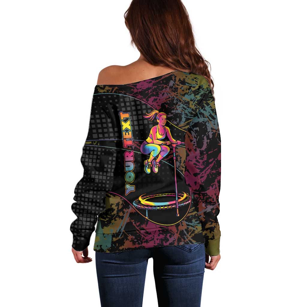 Personalized Jumping Fitness Off Shoulder Sweater Trampoline Workout Pop Art