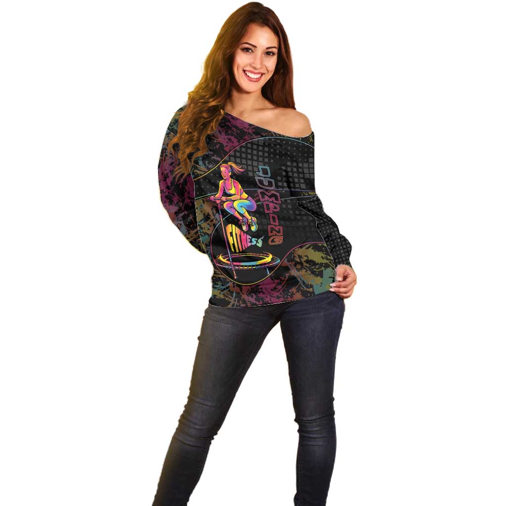 Personalized Jumping Fitness Off Shoulder Sweater Trampoline Workout Pop Art