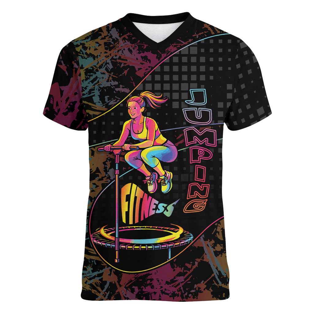 Personalized Jumping Fitness Women V-Neck T-Shirt Trampoline Workout Pop Art