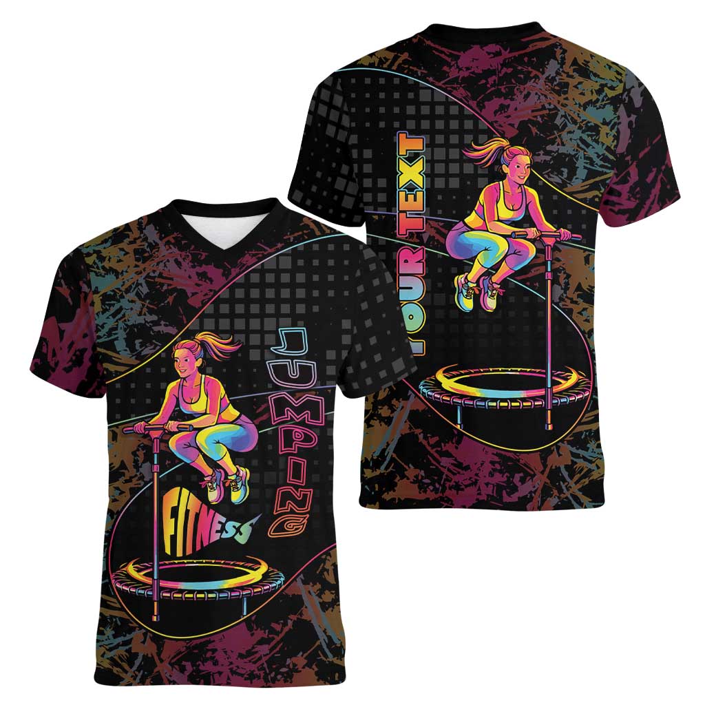Personalized Jumping Fitness Women V-Neck T-Shirt Trampoline Workout Pop Art