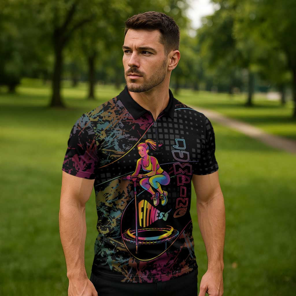 Personalized Jumping Fitness Zipper Polo Shirt Trampoline Workout Pop Art