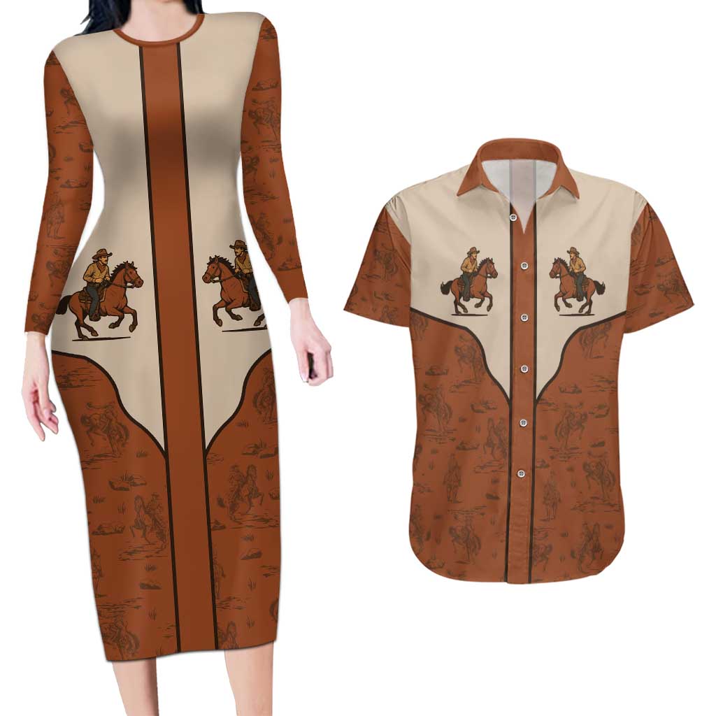 Cowboy Couples Matching Long Sleeve Bodycon Dress and Hawaiian Shirt Horse Riding Retro Western Yoke