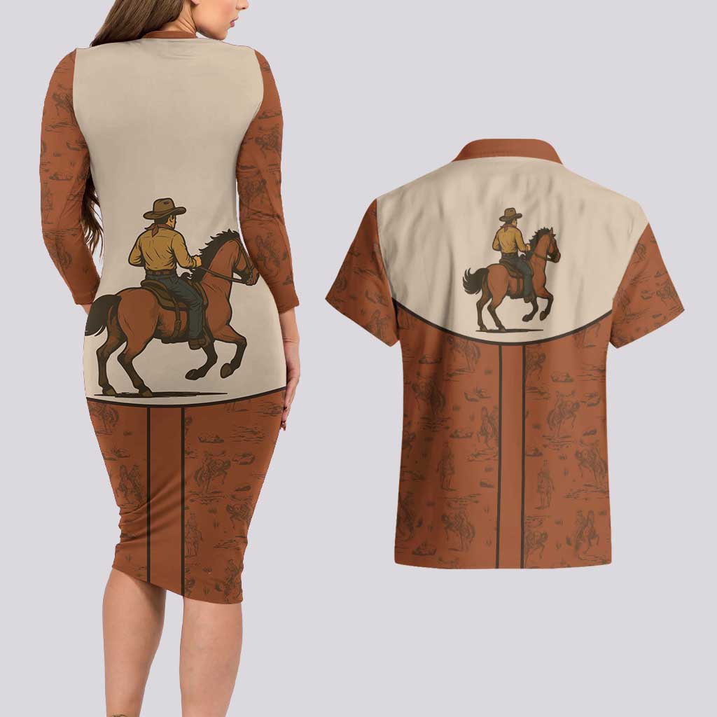 Cowboy Couples Matching Long Sleeve Bodycon Dress and Hawaiian Shirt Horse Riding Retro Western Yoke