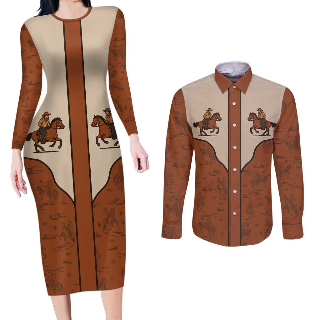 Cowboy Couples Matching Long Sleeve Bodycon Dress and Long Sleeve Button Shirt Horse Riding Retro Western Yoke
