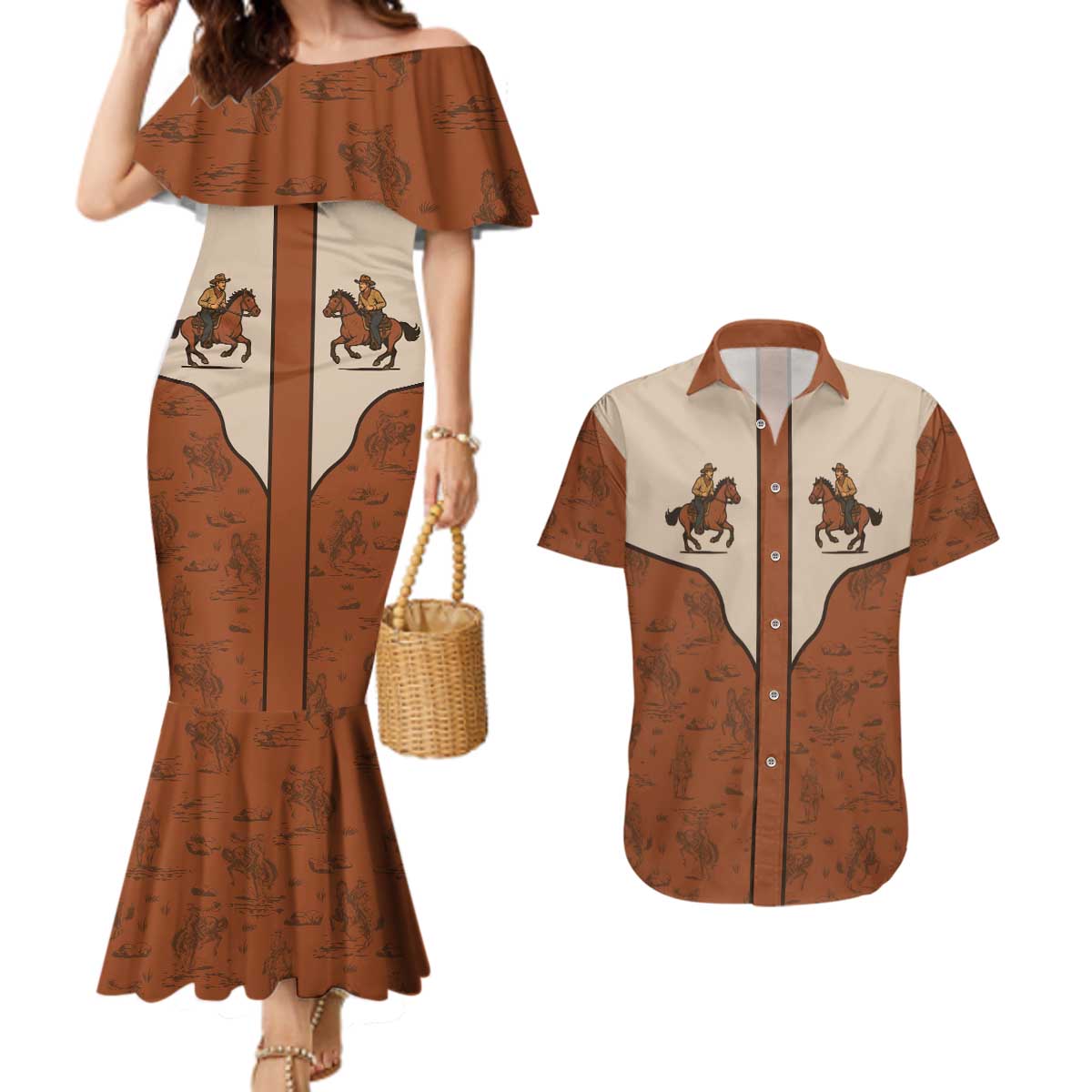 Cowboy Couples Matching Mermaid Dress and Hawaiian Shirt Horse Riding Retro Western Yoke