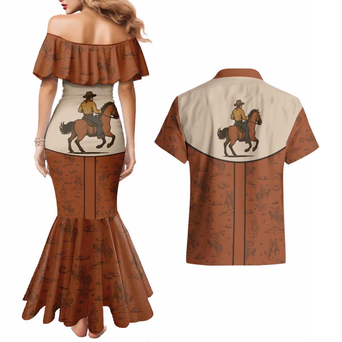 Cowboy Couples Matching Mermaid Dress and Hawaiian Shirt Horse Riding Retro Western Yoke
