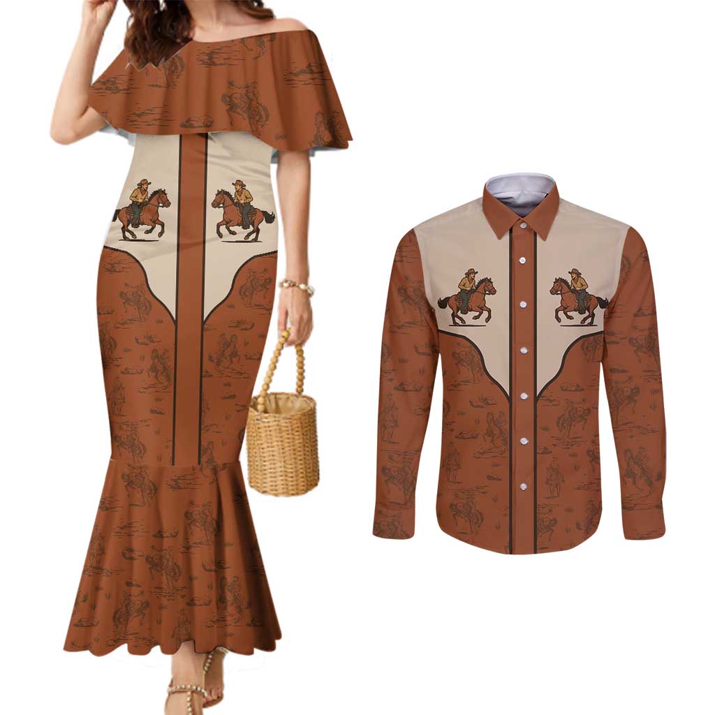 Cowboy Couples Matching Mermaid Dress and Long Sleeve Button Shirt Horse Riding Retro Western Yoke