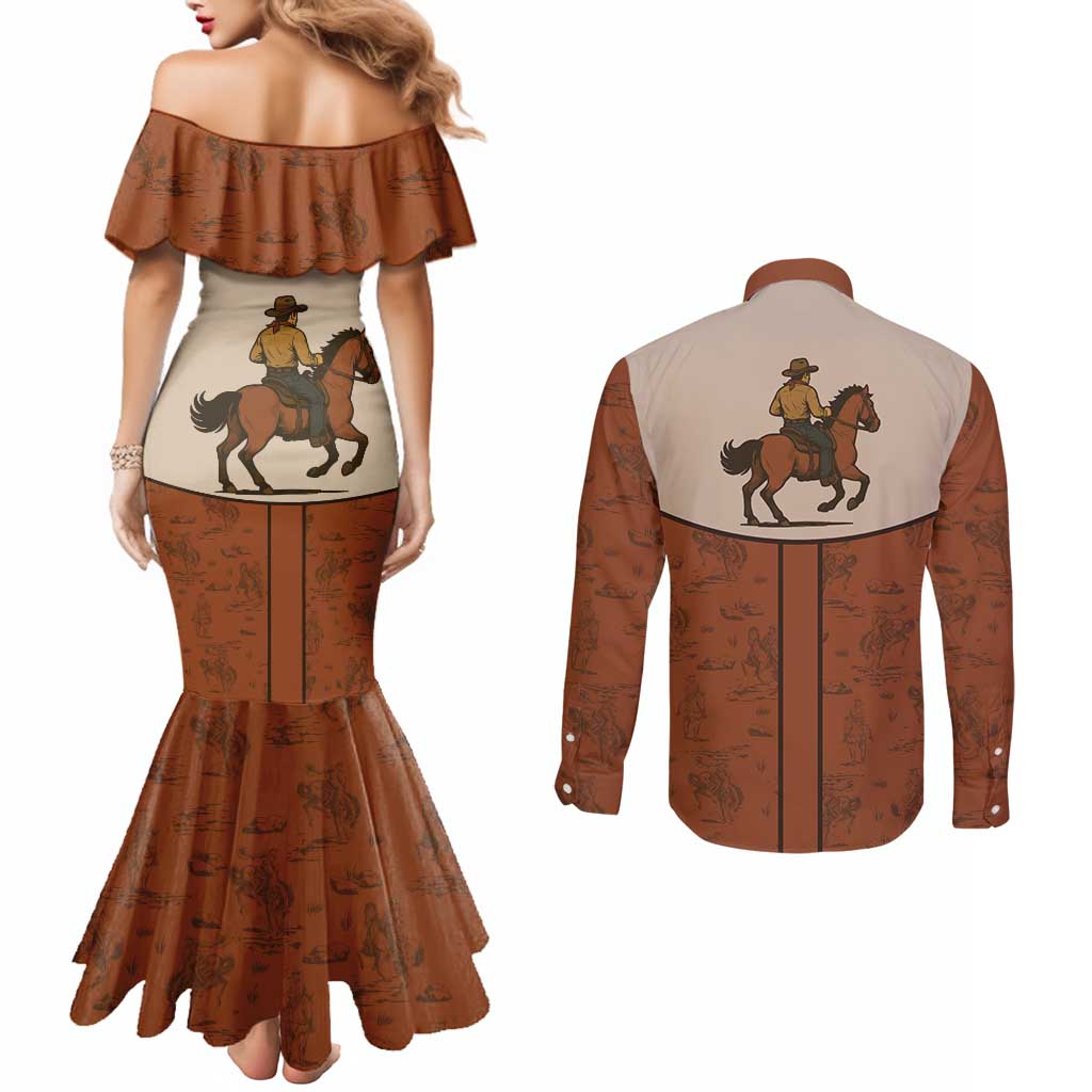 Cowboy Couples Matching Mermaid Dress and Long Sleeve Button Shirt Horse Riding Retro Western Yoke