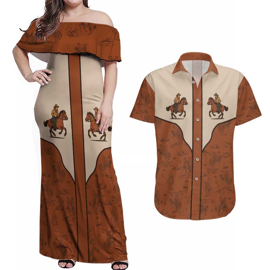 Cowboy Couples Matching Off Shoulder Maxi Dress and Hawaiian Shirt Horse Riding Retro Western Yoke