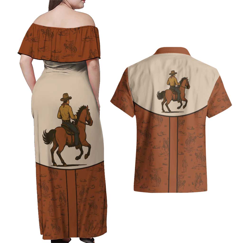 Cowboy Couples Matching Off Shoulder Maxi Dress and Hawaiian Shirt Horse Riding Retro Western Yoke