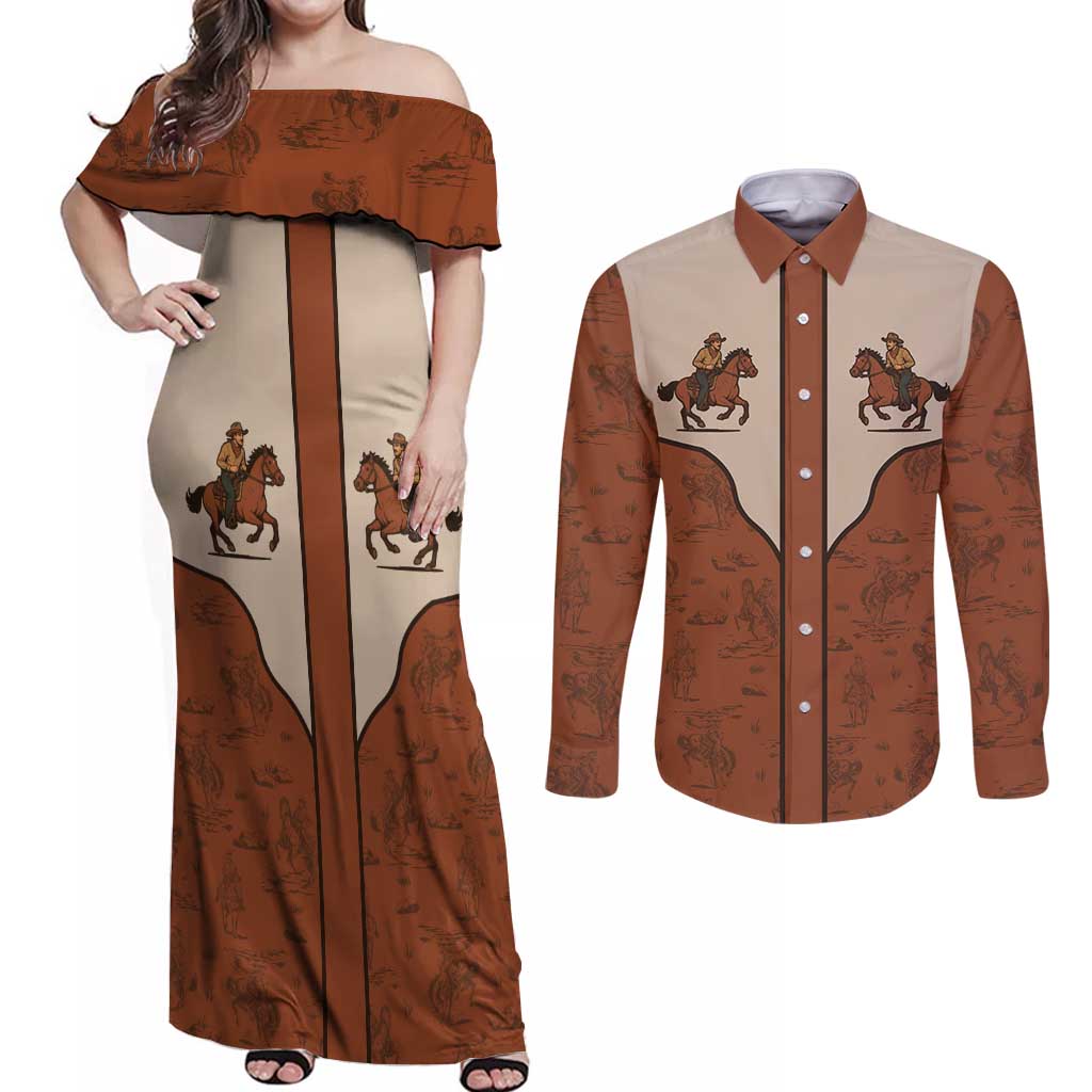 Cowboy Couples Matching Off Shoulder Maxi Dress and Long Sleeve Button Shirt Horse Riding Retro Western Yoke