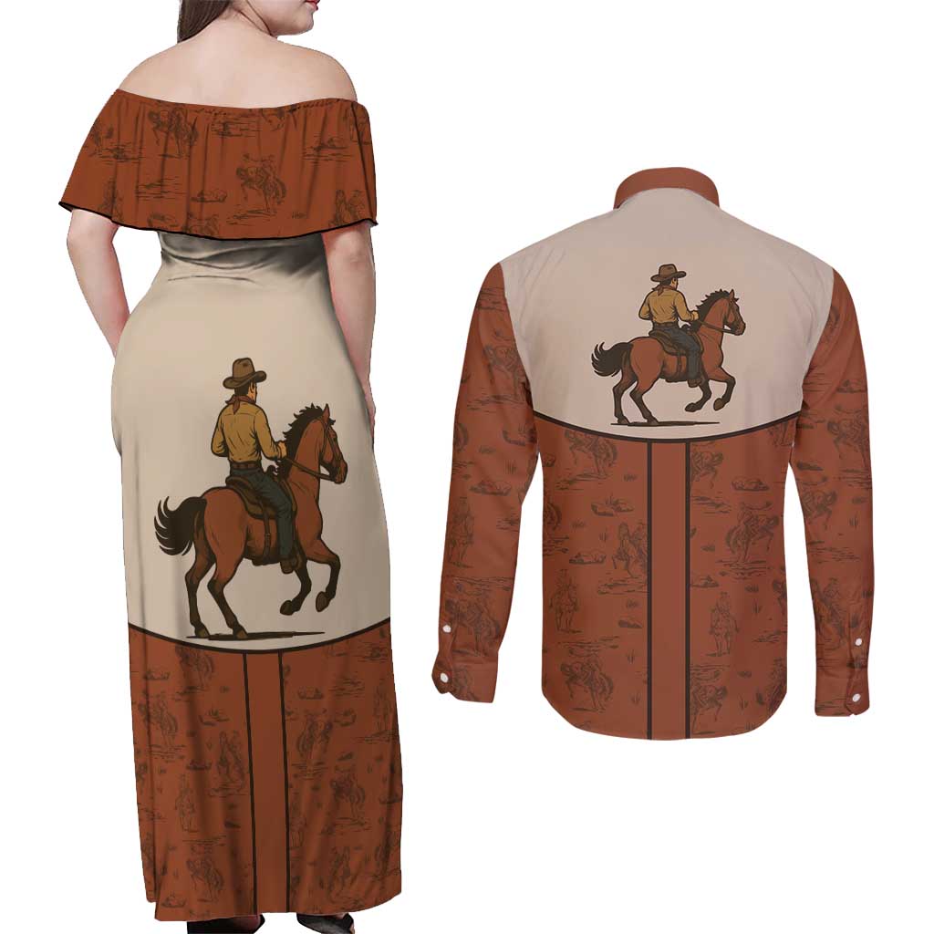 Cowboy Couples Matching Off Shoulder Maxi Dress and Long Sleeve Button Shirt Horse Riding Retro Western Yoke
