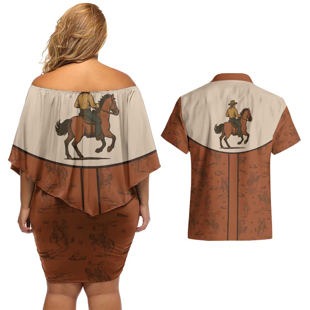 Cowboy Couples Matching Off Shoulder Short Dress and Hawaiian Shirt Horse Riding Retro Western Yoke
