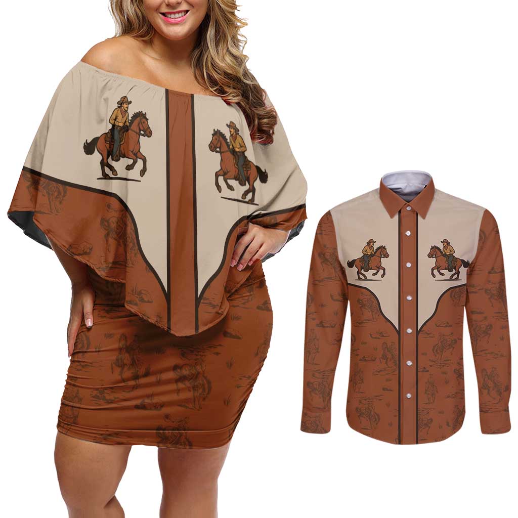 Cowboy Couples Matching Off Shoulder Short Dress and Long Sleeve Button Shirt Horse Riding Retro Western Yoke