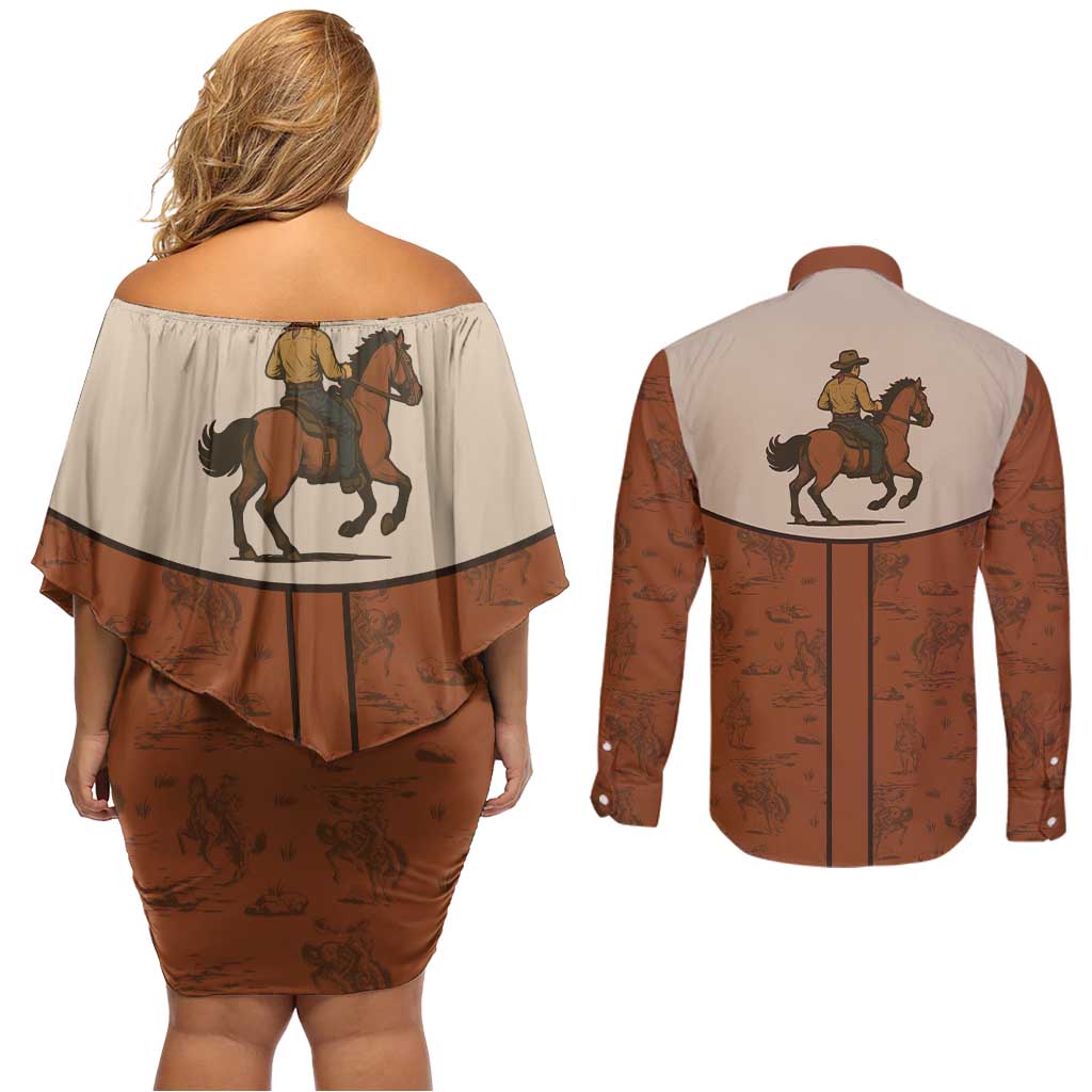 Cowboy Couples Matching Off Shoulder Short Dress and Long Sleeve Button Shirt Horse Riding Retro Western Yoke