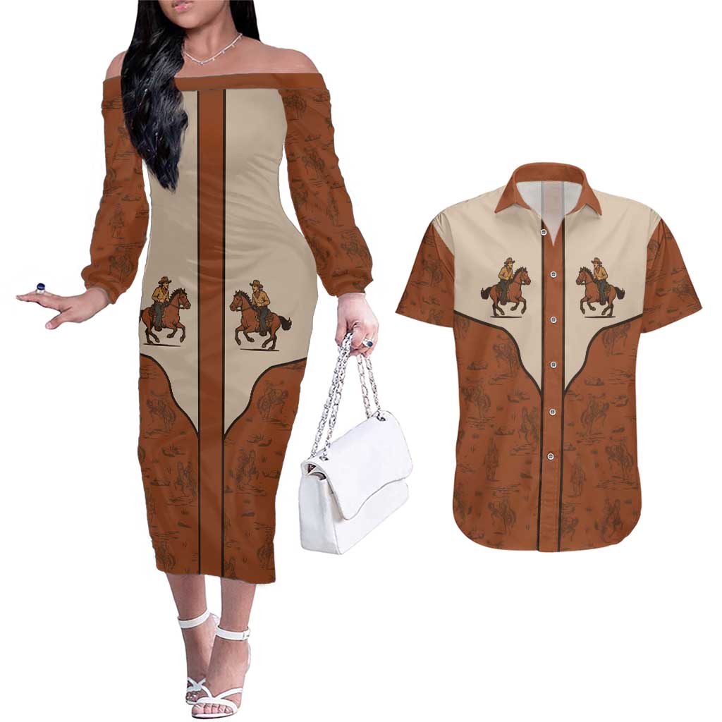 Cowboy Couples Matching Off The Shoulder Long Sleeve Dress and Hawaiian Shirt Horse Riding Retro Western Yoke
