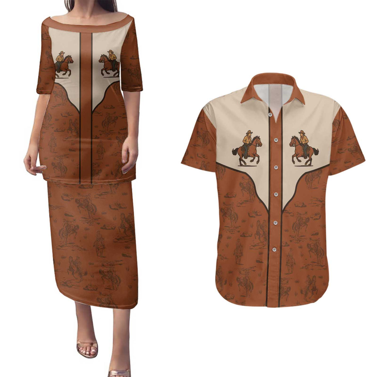 Cowboy Couples Matching Puletasi and Hawaiian Shirt Horse Riding Retro Western Yoke