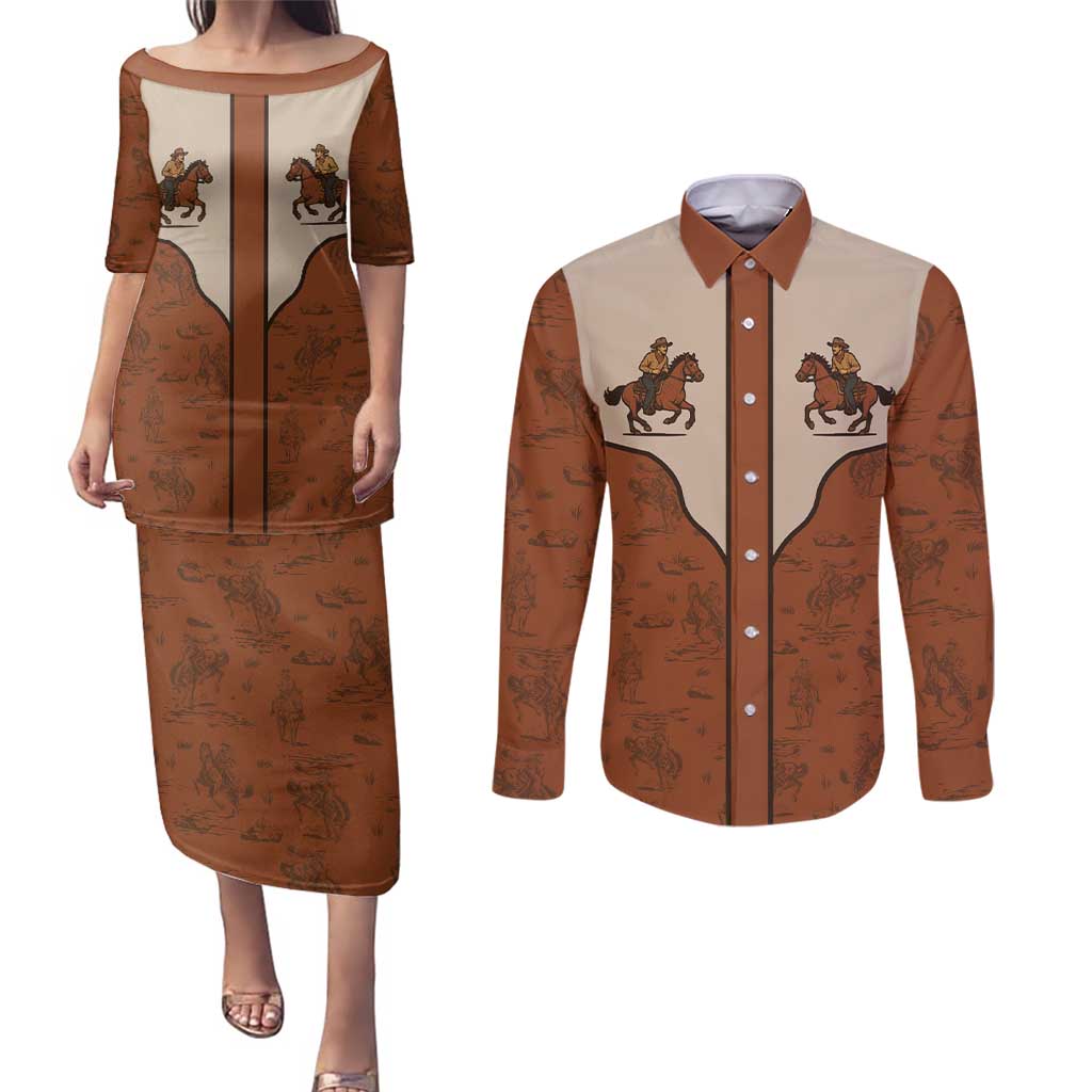 Cowboy Couples Matching Puletasi and Long Sleeve Button Shirt Horse Riding Retro Western Yoke