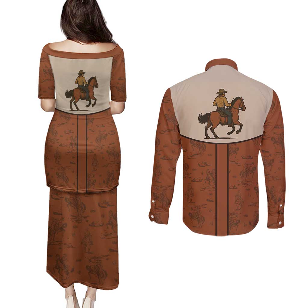 Cowboy Couples Matching Puletasi and Long Sleeve Button Shirt Horse Riding Retro Western Yoke